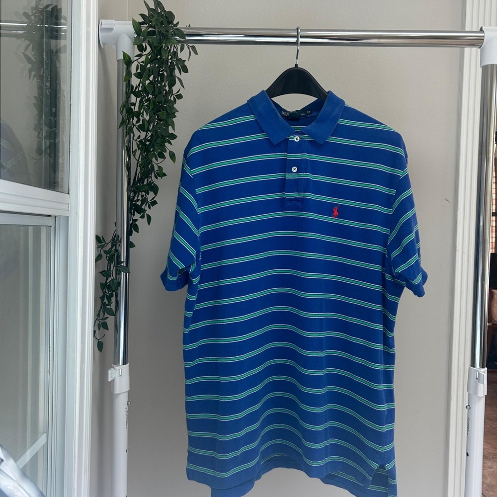 Gently Used Polo Ralph Lauren Striped Short Sleeve Shirt Blue Green XL